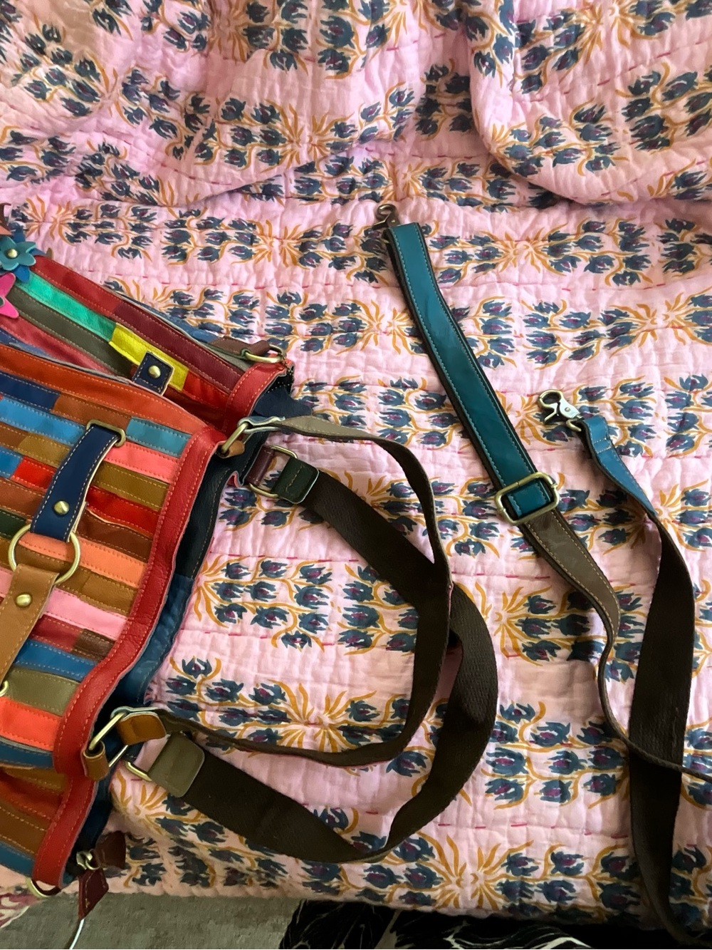 Gorgeous large Multicolor Striped Leather Tote with Floral Appliqués - Picture 7 of 8